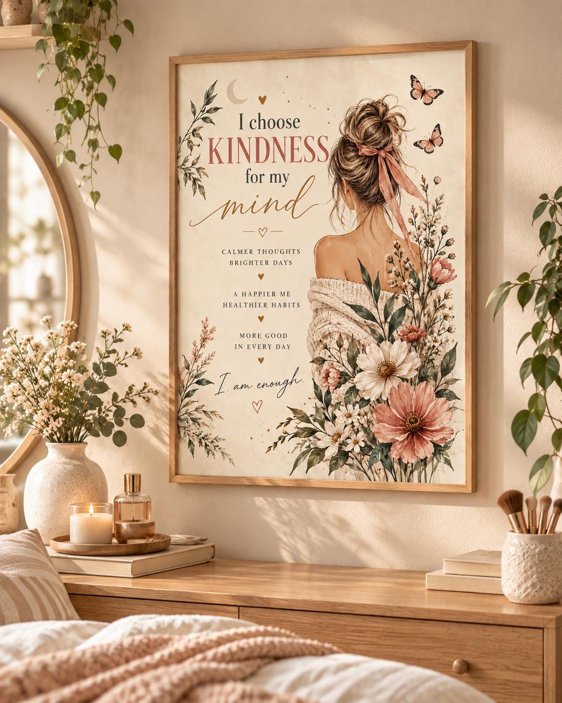 Self care affirmation print with kindness quote, woman, butterflies and wildflowers — lifestyle view