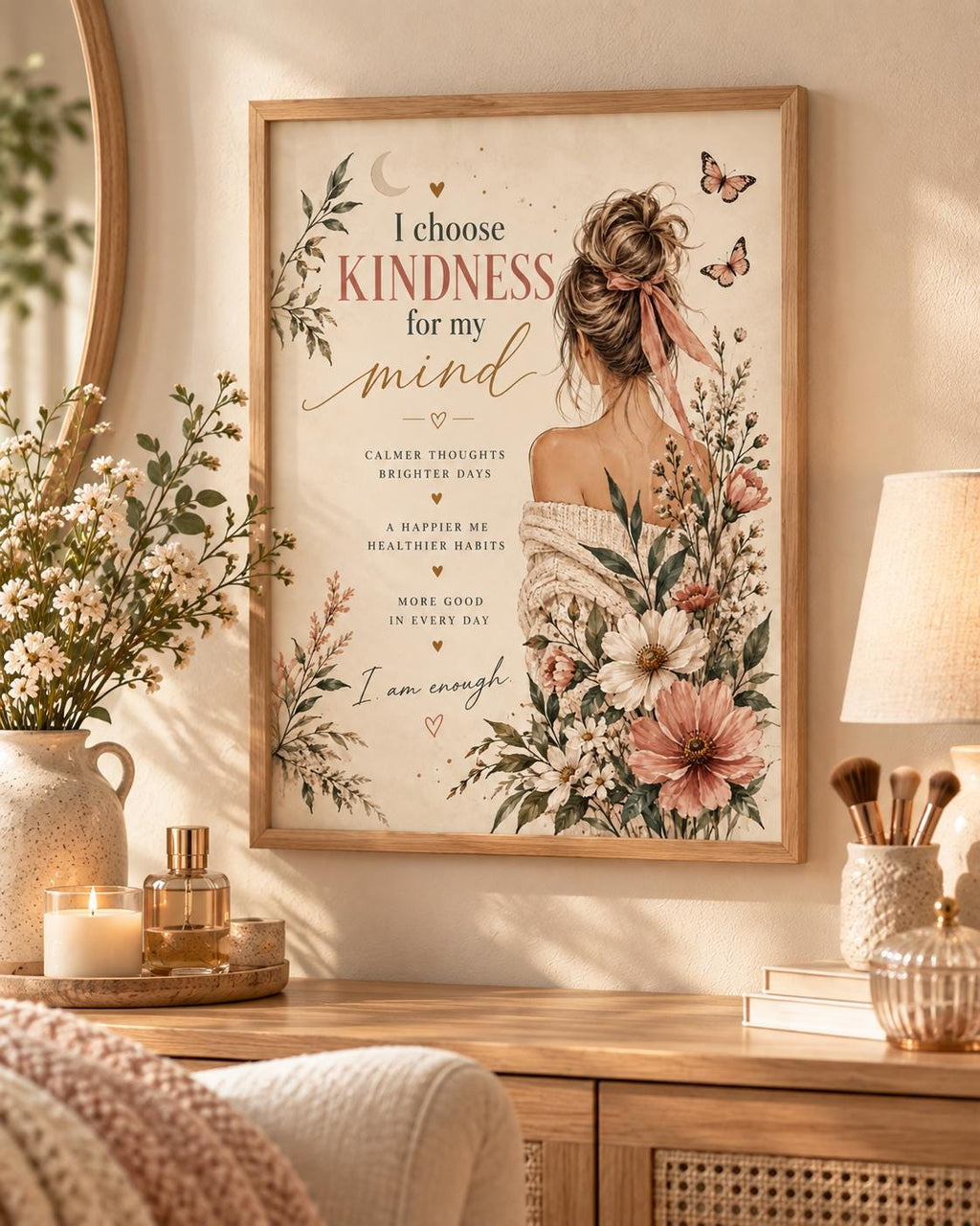 Self care affirmation print with kindness quote, woman, butterflies and wildflowers — lifestyle view