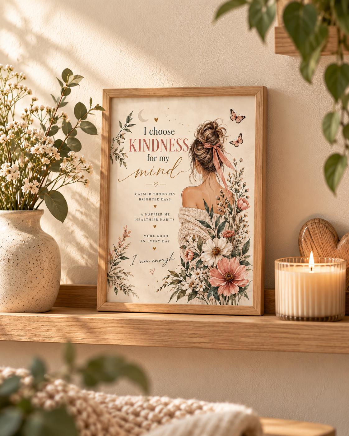 Self care affirmation print with kindness quote, woman, butterflies and wildflowers — lifestyle view