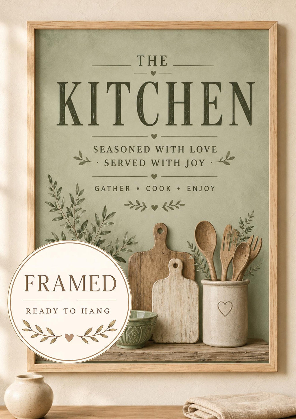Framed rustic sage green kitchen print front image