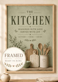 Framed rustic sage green kitchen print front image