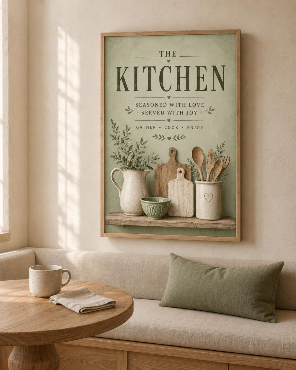 Framed sage green kitchen print lifestyle mockup 1