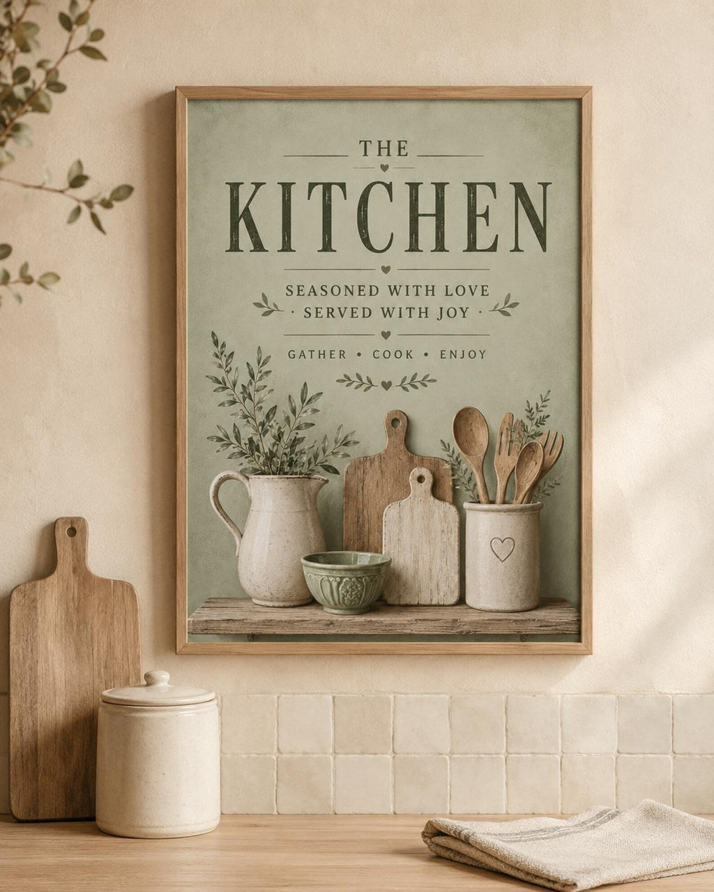 Framed sage green kitchen print lifestyle mockup 2
