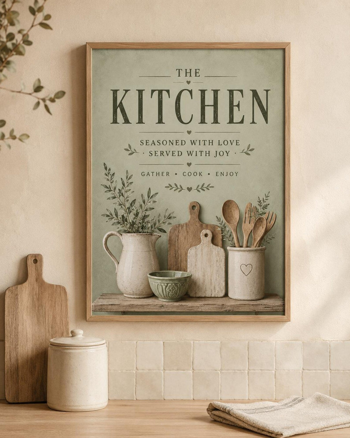 Framed sage green kitchen print lifestyle mockup 2