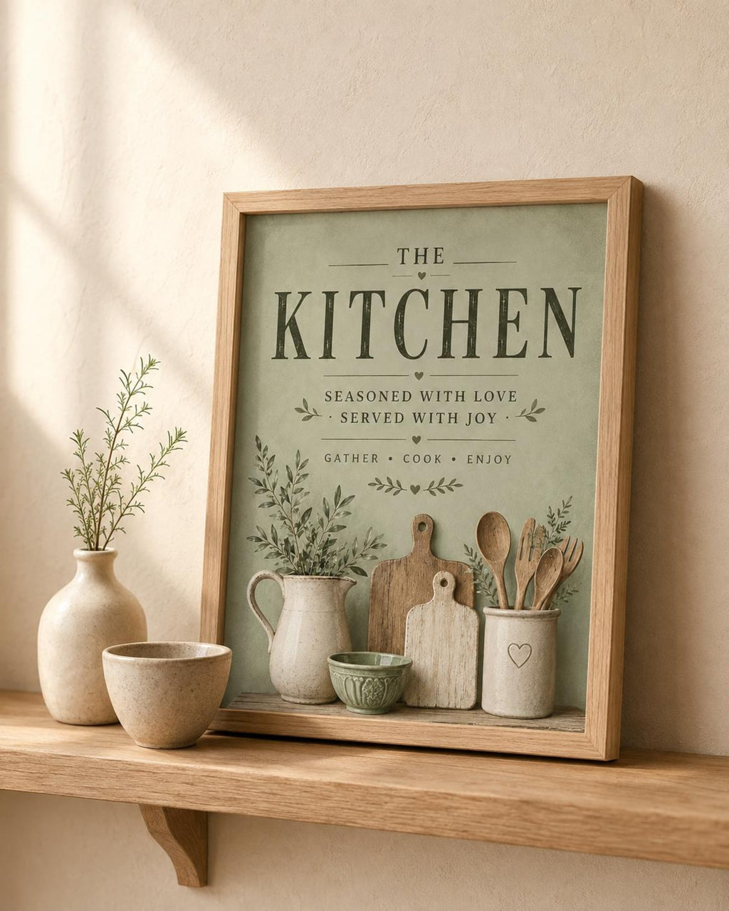 Framed sage green kitchen print lifestyle mockup 3