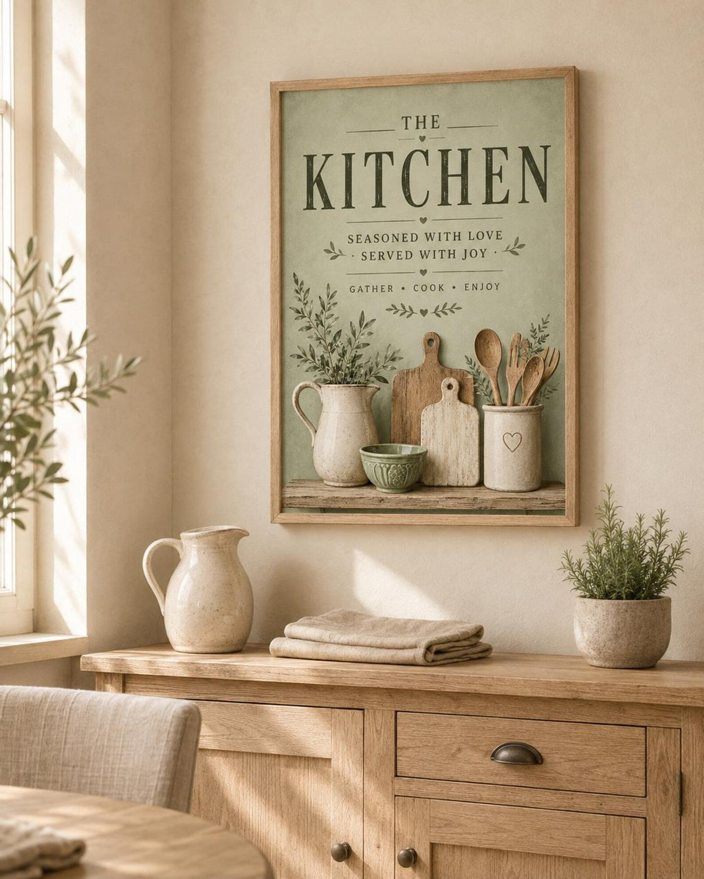 Framed sage green kitchen print lifestyle mockup 4