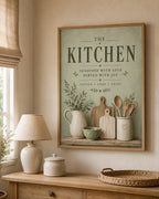 Framed sage green kitchen print lifestyle mockup 5
