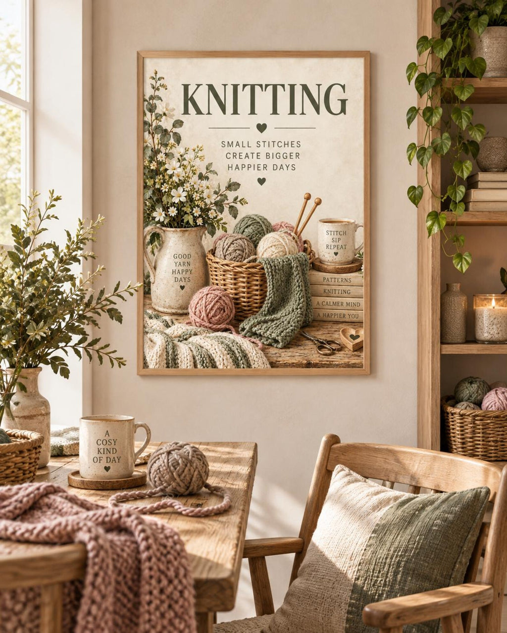 Knitting wall art sage green interior mockup
