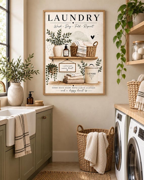 Framed laundry room artwork styled mockup