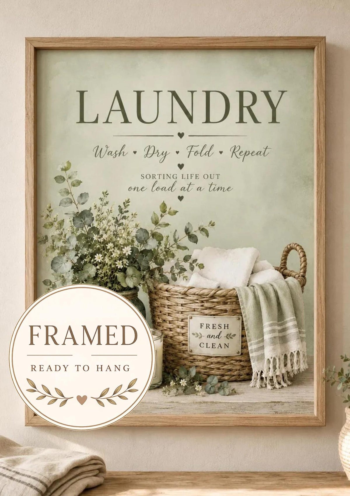 Framed sage green laundry room print with botanical wash dry fold artwork