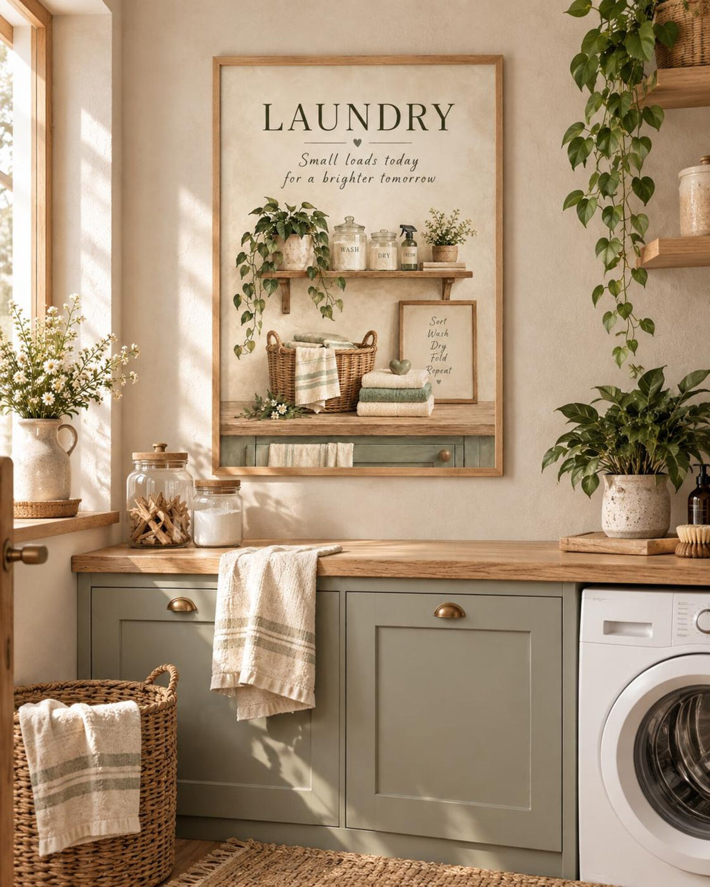 Laundry Room wash jars and folded towels mockup