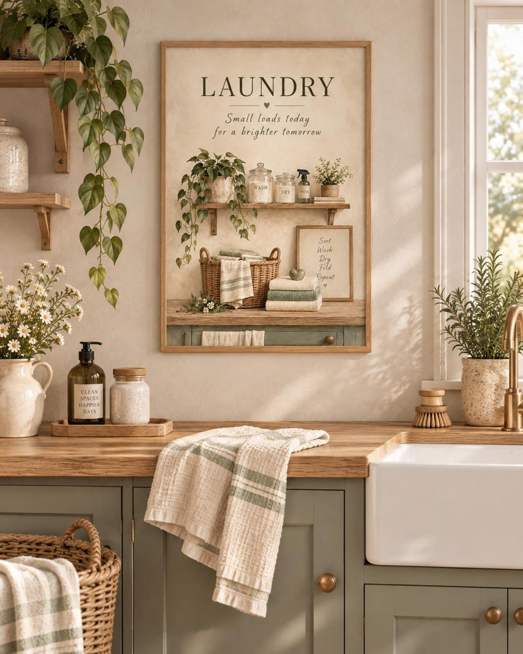 Laundry Room wicker storage and greenery mockup