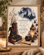 Magical snowy owl, moonlit castle, books, wizard hat and glowing lantern with an inspirational light and happiness quote; print only, frame not included