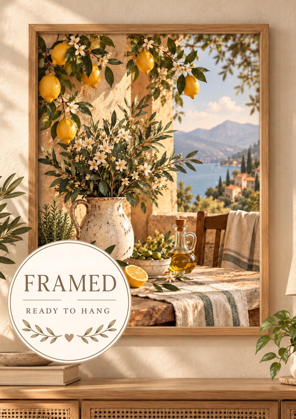 Mediterranean lemon framed print with citrus branches, pottery and a coastal view