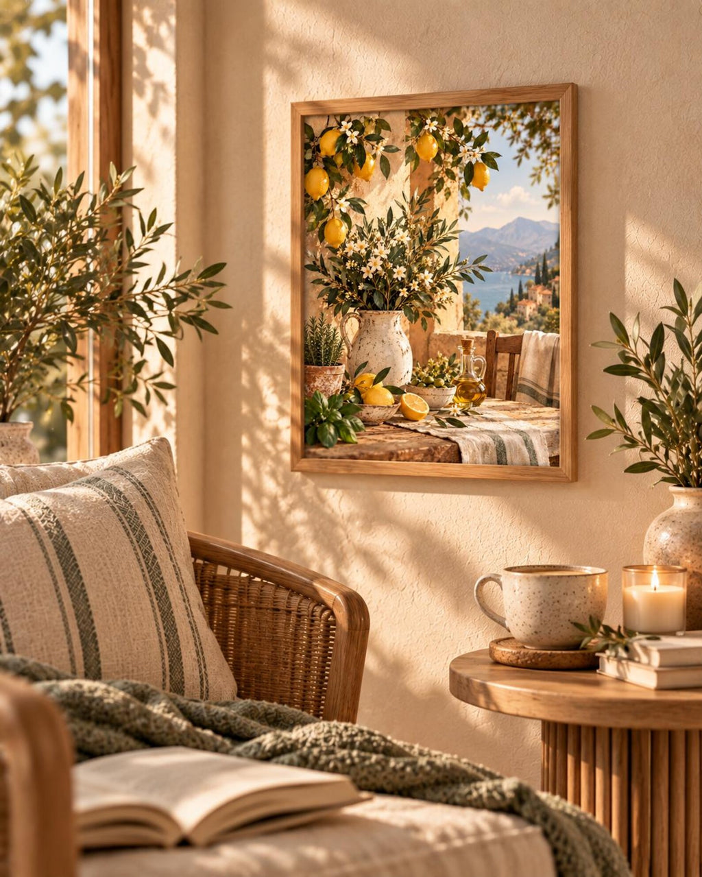 Mediterranean lemon framed print in a warm interior, lifestyle view 1