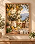 Mediterranean lemon print with citrus branches, pottery and a coastal view
