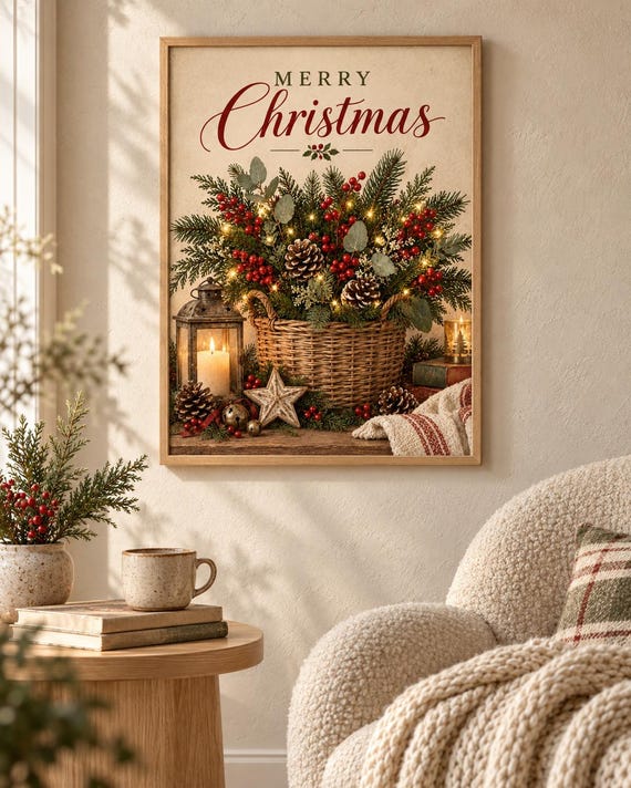 Christmas evergreen basket print styled in a cosy room