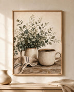 Neutral Coffee Wall Art Print, Botanical Kitchen Decor, Rustic Farmhouse Still Life, Beige Scandinavian Coffee Corner Artwork