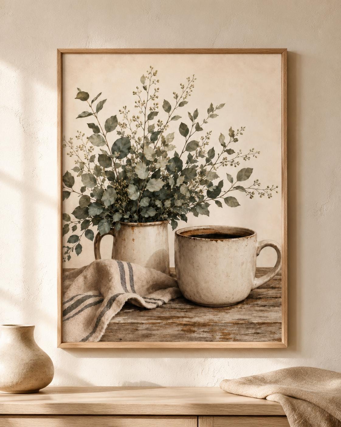 Neutral Coffee Wall Art Print, Botanical Kitchen Decor, Rustic Farmhouse Still Life, Beige Scandinavian Coffee Corner Artwork