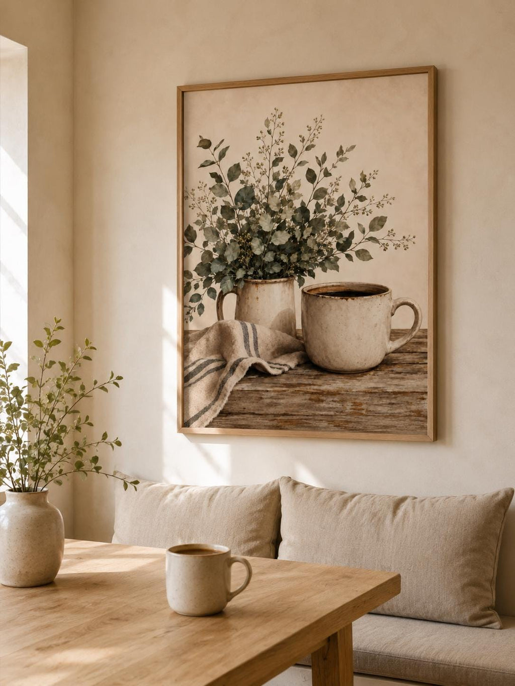 Neutral Coffee Wall Art Print, Botanical Kitchen Decor, Rustic Farmhouse Still Life, Beige Scandinavian Coffee Corner Artwork