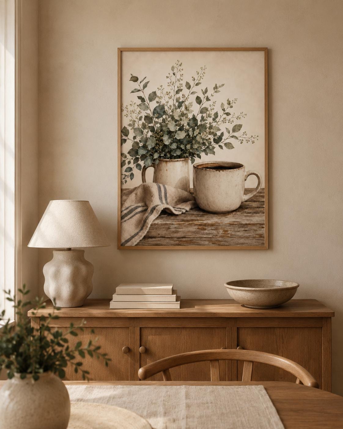 Neutral Coffee Wall Art Print, Botanical Kitchen Decor, Rustic Farmhouse Still Life, Beige Scandinavian Coffee Corner Artwork