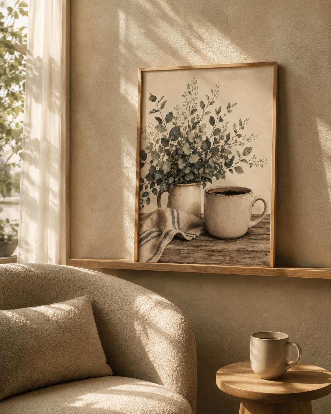Neutral Coffee Wall Art Print, Botanical Kitchen Decor, Rustic Farmhouse Still Life, Beige Scandinavian Coffee Corner Artwork