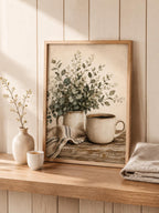 Neutral Coffee Wall Art Print, Botanical Kitchen Decor, Rustic Farmhouse Still Life, Beige Scandinavian Coffee Corner Artwork