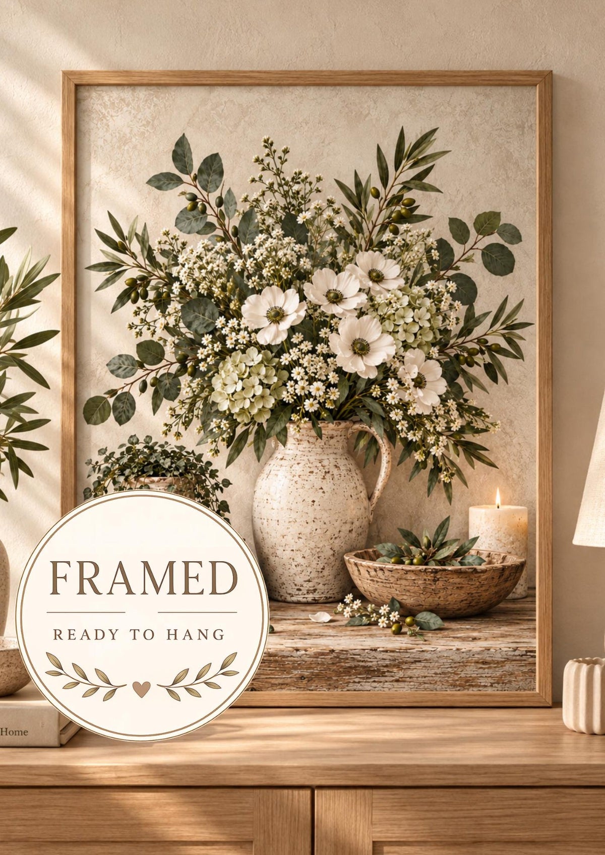 Framed neutral botanical floral print front image