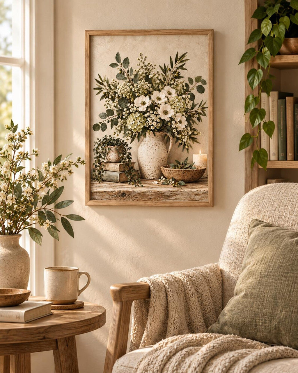 Framed neutral botanical floral print lifestyle mockup 2
