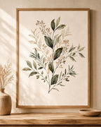 Neutral botanical leaves and delicate stems with beige berries on a warm cream background; print only, frame not included