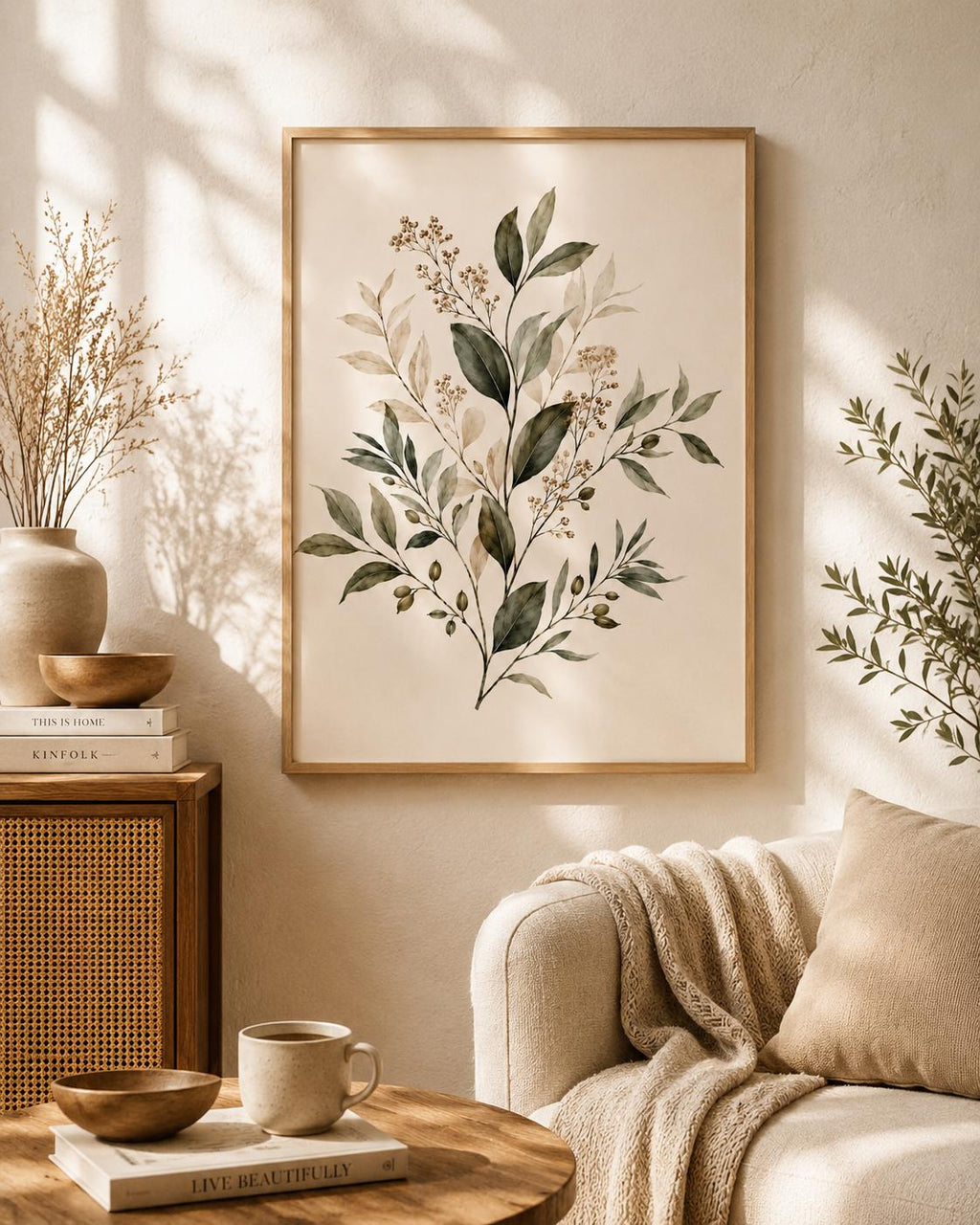 Neutral botanical leaves and delicate stems with beige berries on a warm cream background styled in a reading corner