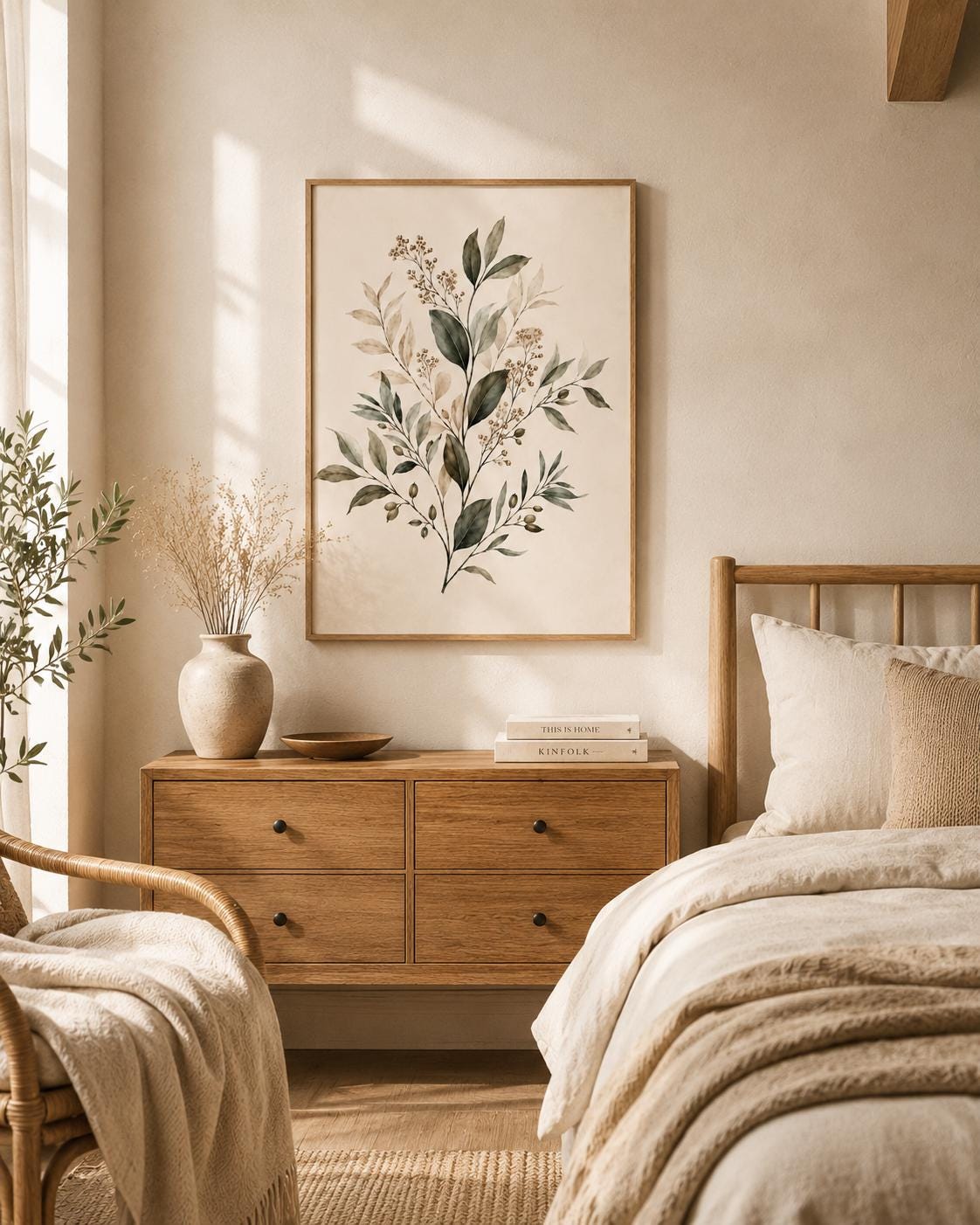 Neutral botanical leaves and delicate stems with beige berries on a warm cream background styled in a bedroom