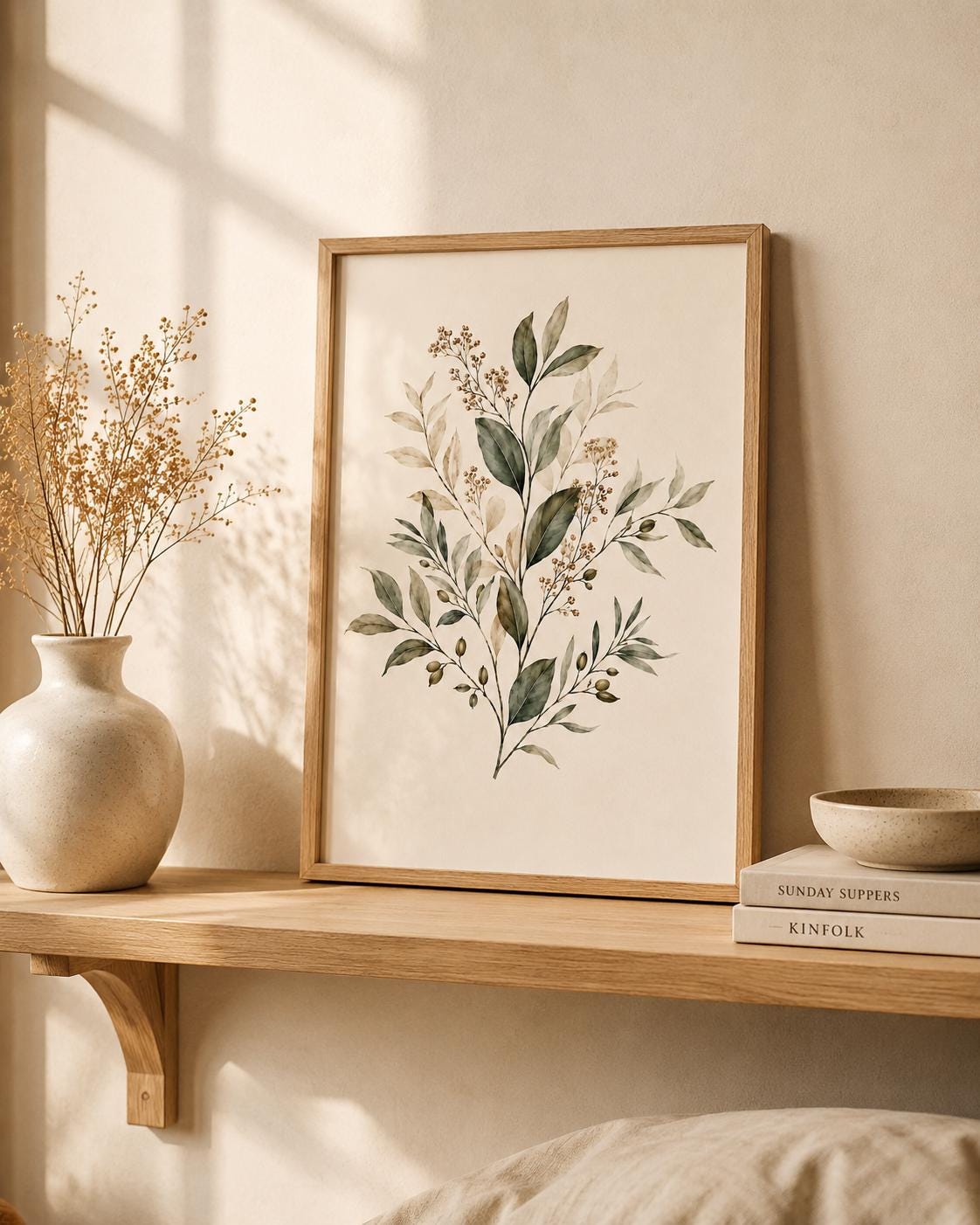 Neutral botanical leaves and delicate stems with beige berries on a warm cream background styled in a shelf display