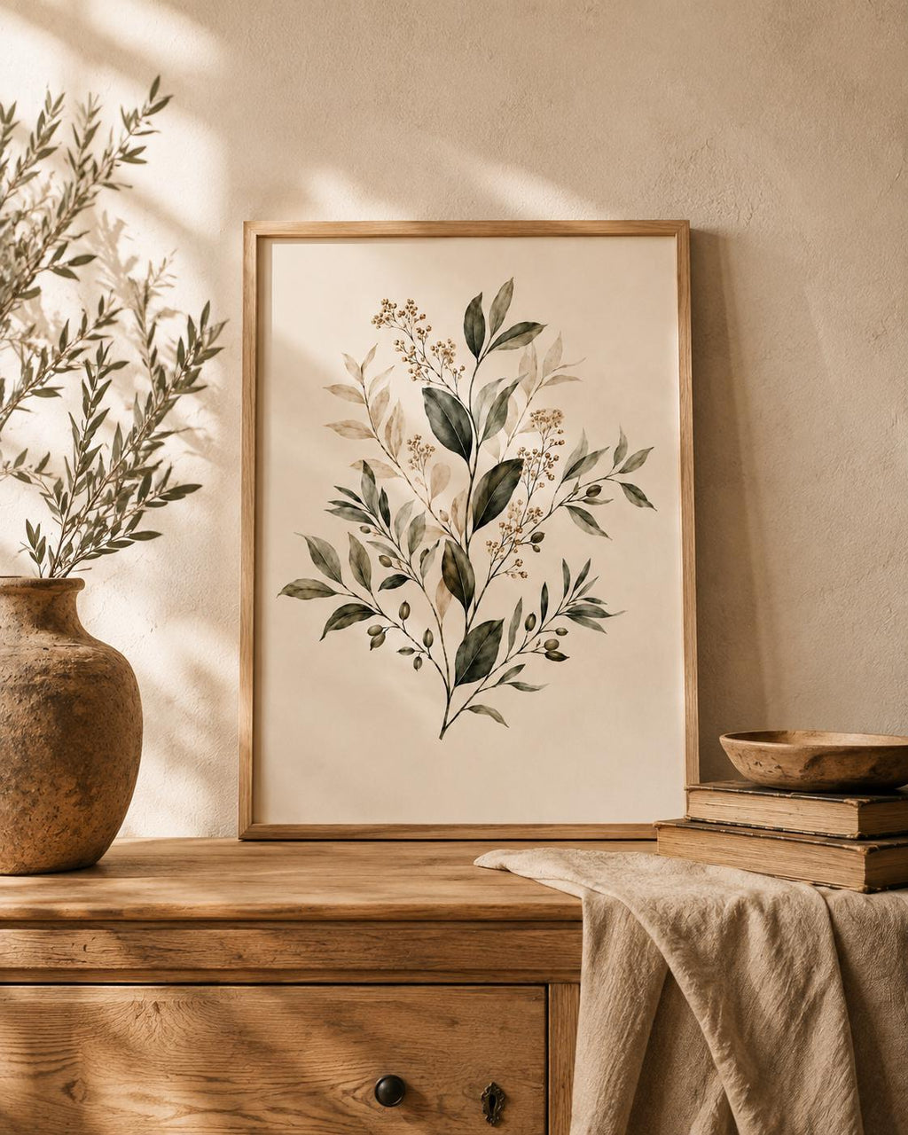 Neutral botanical leaves and delicate stems with beige berries on a warm cream background styled in a sideboard display