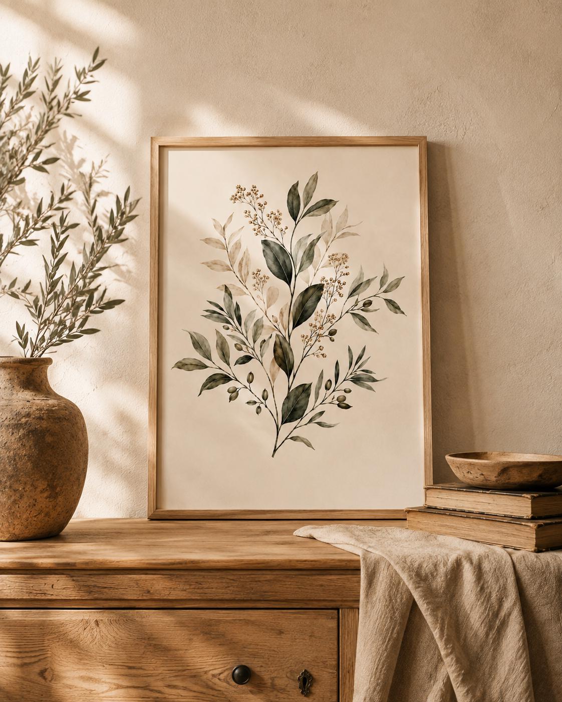 Neutral botanical leaves and delicate stems with beige berries on a warm cream background styled in a sideboard display