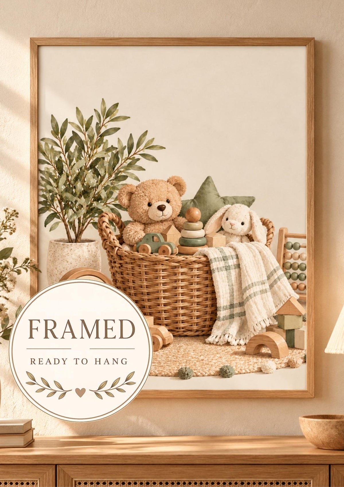 Teddy bear and bunny nursery framed print — front image, ready to hang