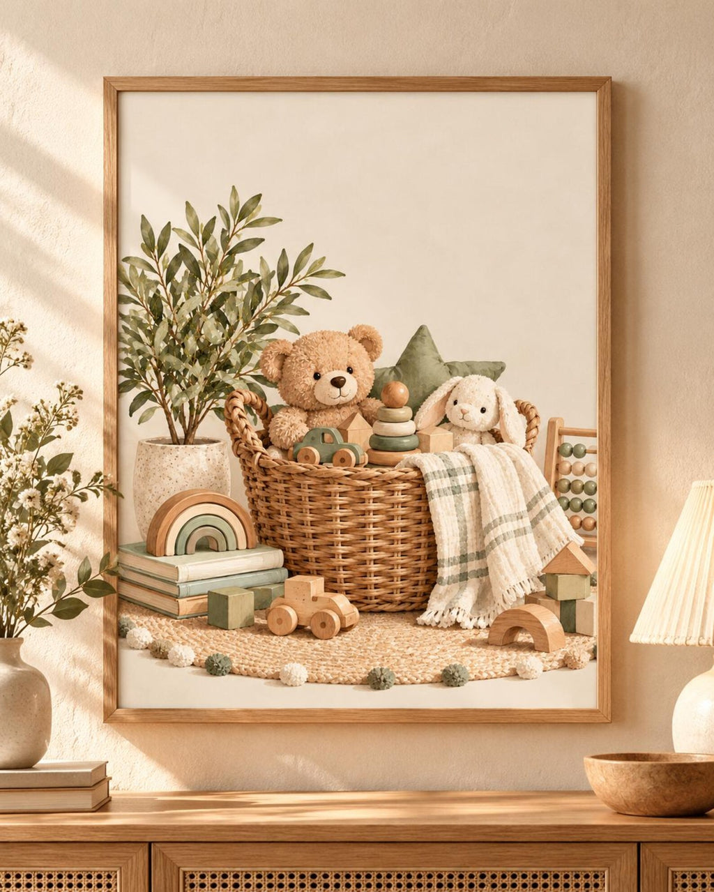 Teddy bear and bunny nursery print — front image, frame not included