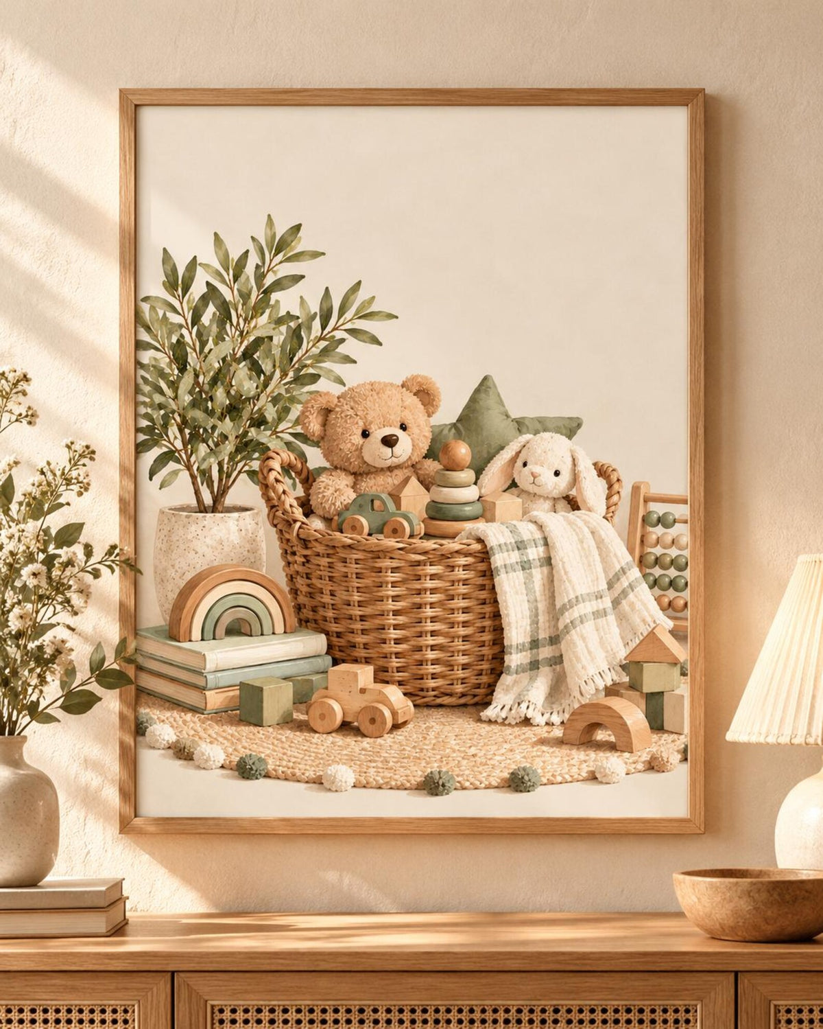 Teddy bear and bunny nursery print — front image, frame not included