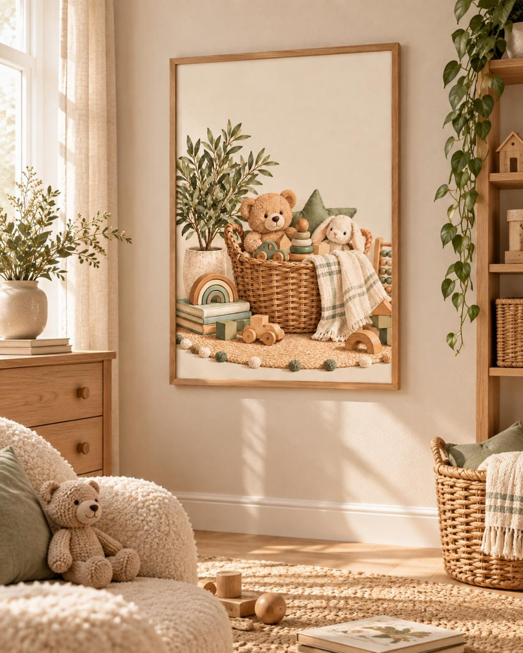 Teddy bear and bunny nursery print — lifestyle view 1