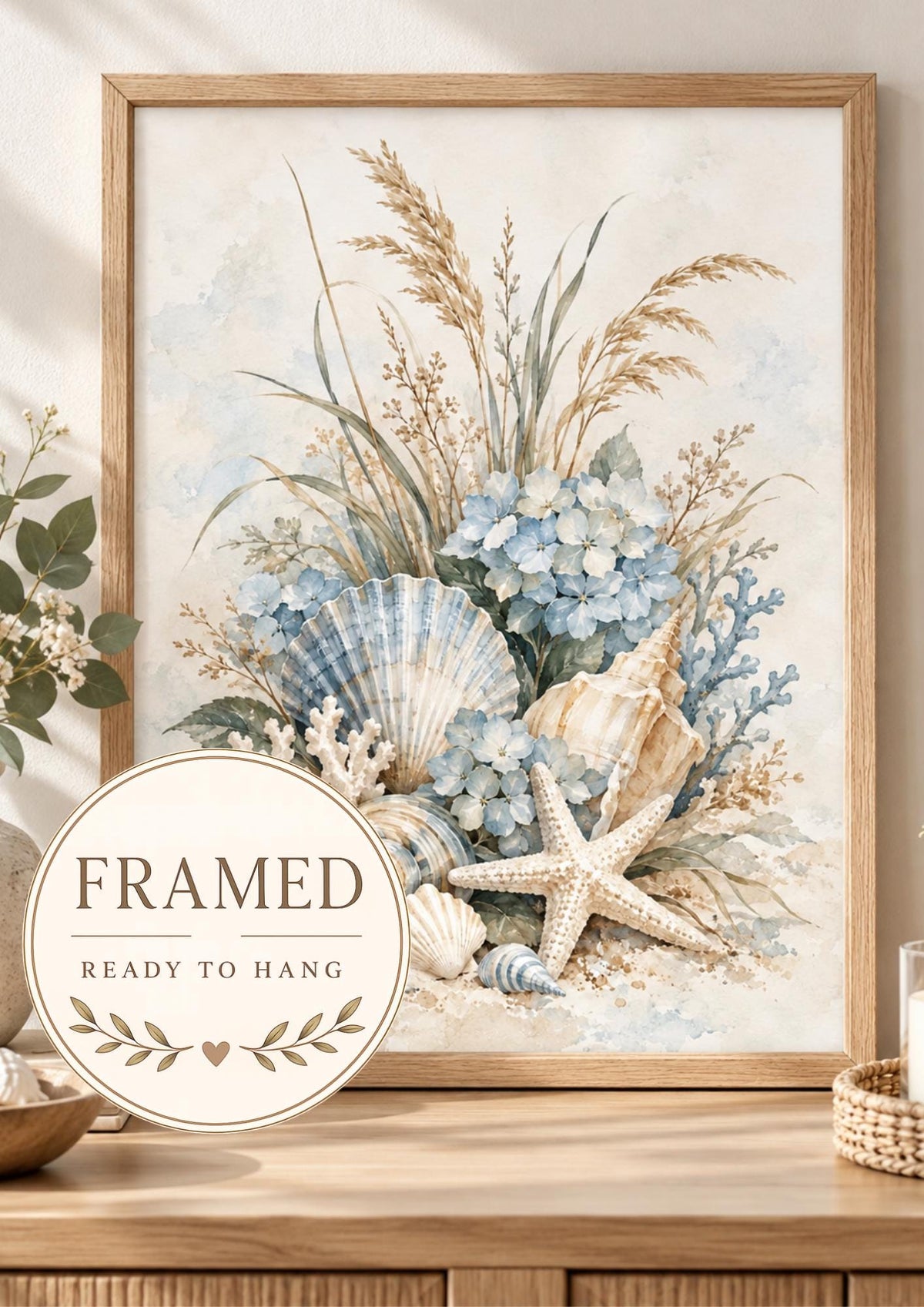 Front image of blue hydrangeas, seashells and starfish artwork, marked framed and ready to hang