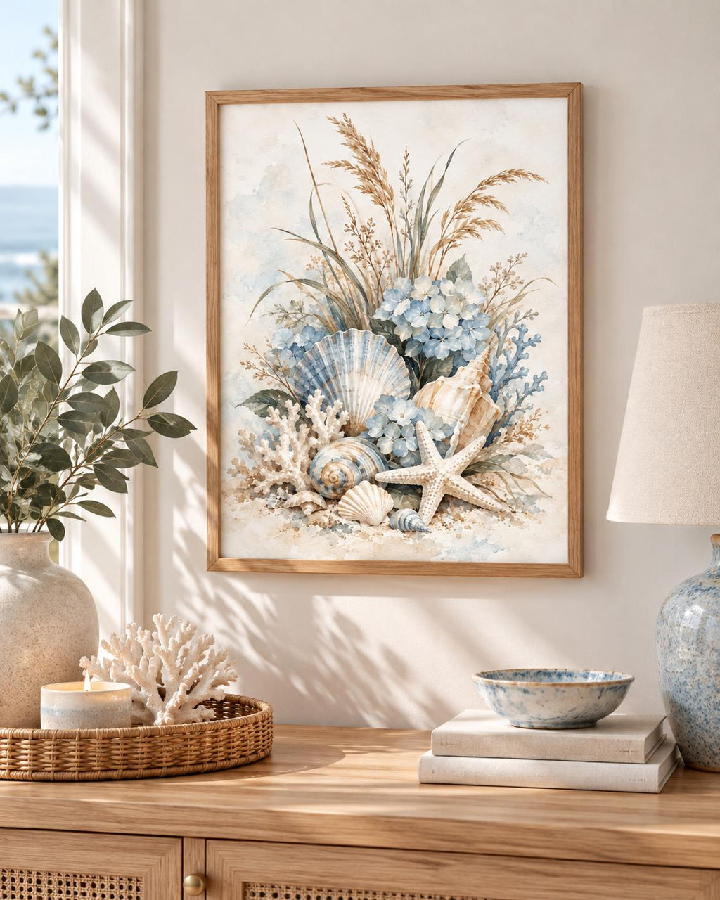 Coastal seashell artwork above a wooden console beside a blue bowl