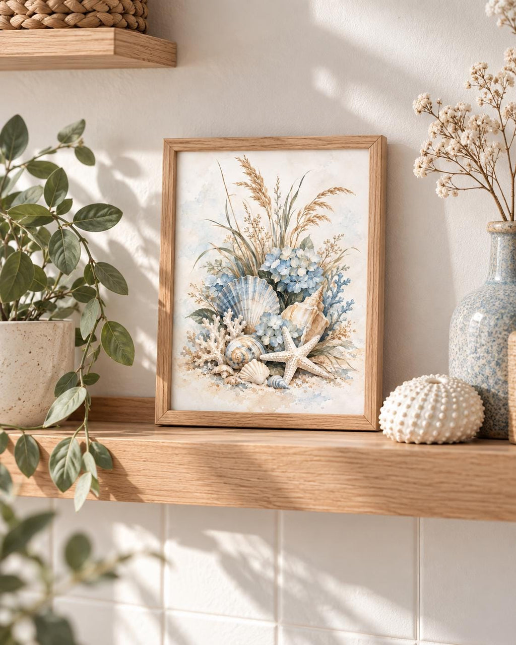Coastal seashell artwork styled on a wooden shelf with seashell ornaments