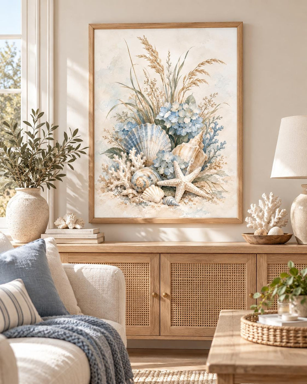 Coastal seashell artwork above a wooden sideboard beside a sofa