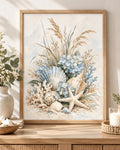 Front image of blue hydrangeas, seashells and starfish artwork; print only, frame not included