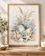 Front image of blue hydrangeas, seashells and starfish artwork; print only, frame not included