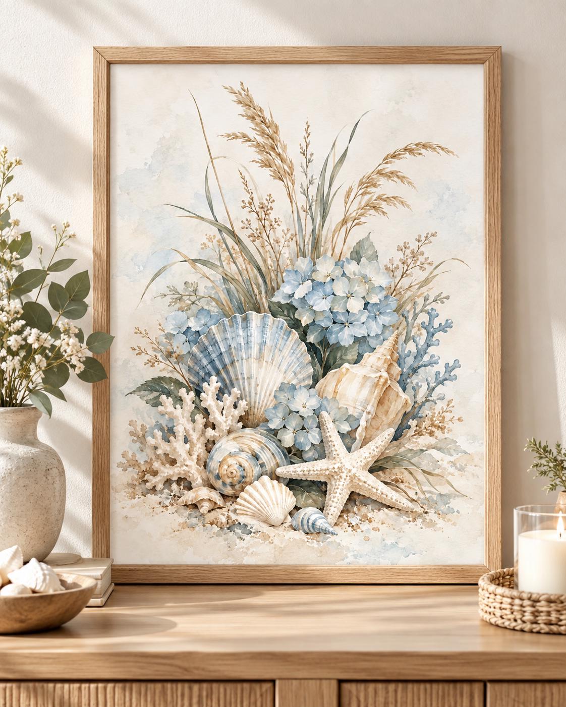 Front image of blue hydrangeas, seashells and starfish artwork; print only, frame not included