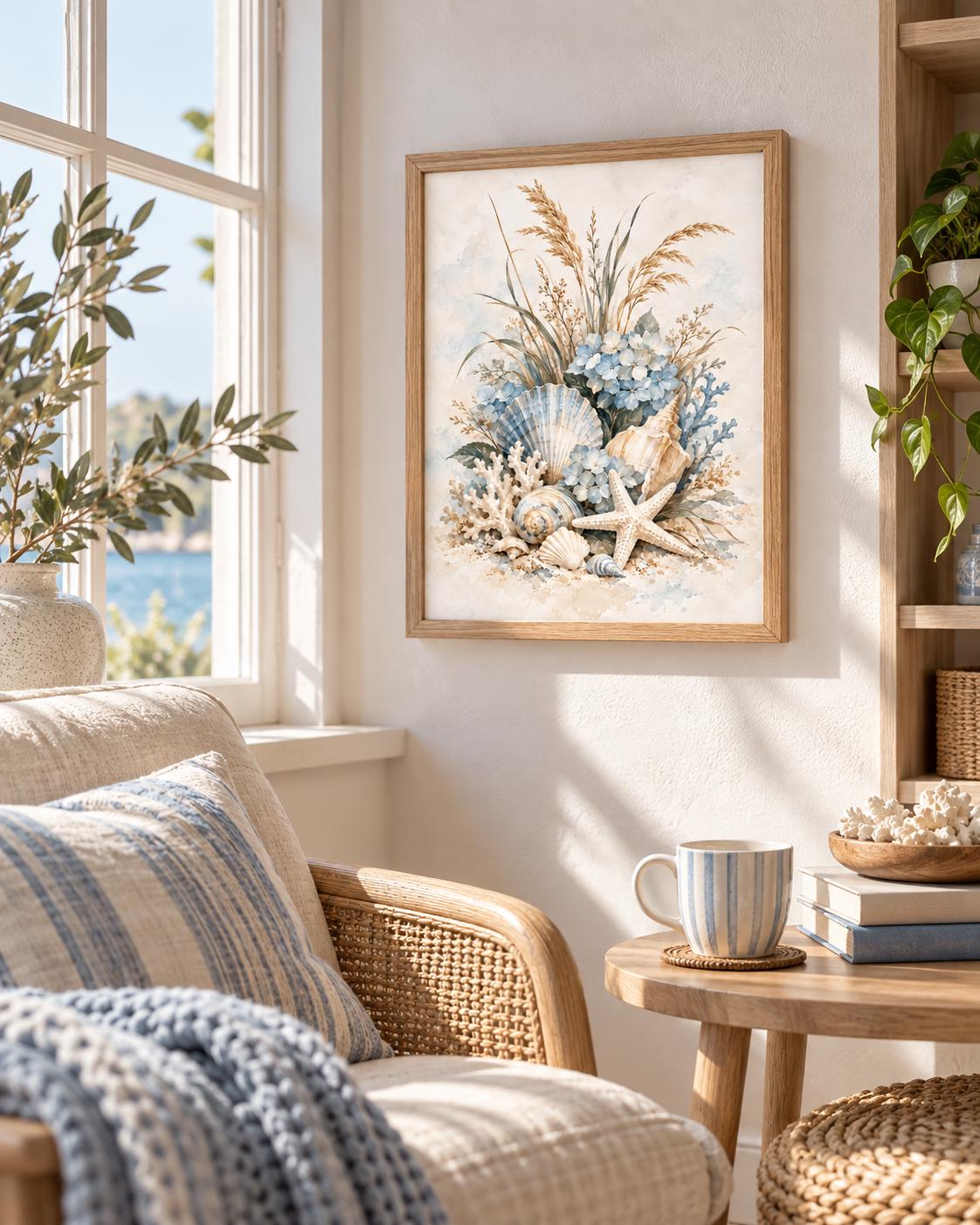 Coastal seashell artwork beside a sunlit armchair and round side table