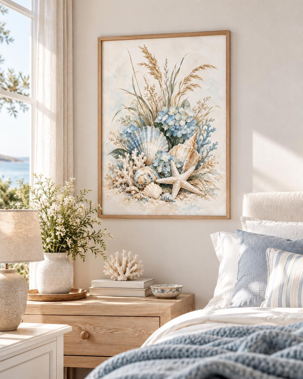 Coastal seashell artwork above a bed with soft blue bedding