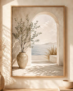 Mediterranean olive tree and stone archway overlooking a calm sea; print only, frame not included