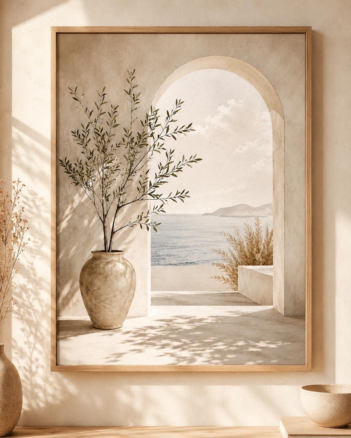 Mediterranean olive tree and stone archway overlooking a calm sea; print only, frame not included